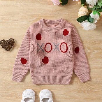 бебе момиче Ден на Свети Валентин пуловери сладък дълъг ръкав сърце бродерия трикотажни пуловери случайни пуловер върховете 3M-3Y