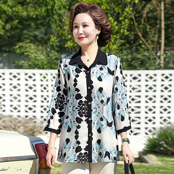 Блузи за жени мода извънгабаритни тениска елегантен шифон печат дрехи 40-50 годишен мама мода ризи и блузи