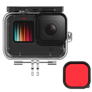 Водоустойчив калъф за GoPro Hero 9 черен, 165FT дълбоко гмуркане гмуркане с шнорхел, с червен филтър аксесоари за Go Pro 9 камера