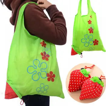 Голяма сгъваема чанта за пазаруване с ягоди за многократна употреба Найлонова зелена чанта за хранителни стоки Голяма пазарска чанта Удобна чанта за съхранение с голям капацитет