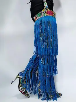 Гореща зимна жена Blue Fringed Python колан дълги ботуши дама пискюл стилет токчета заострени пръсти над коляното ботуши голям размер