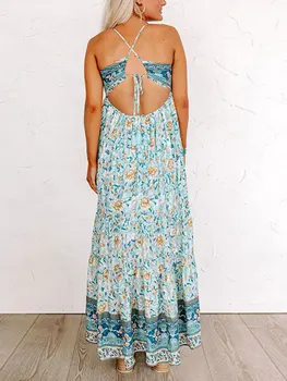 Дамска флорална рокля Boho Maxi с презрамки за спагети и къдрав подгъв - стилна лятна плажна рокля за дълъг поток