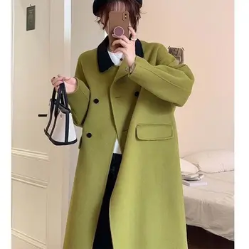 Дамски зелено луксозно палто зимно двуредно вълнено двойно палто мода Корейски снаждане с дълъг ръкав яке Елегантни свободни палта