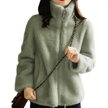 Дамски зимно палто тънък двустранен плюшени висока яка врата защита дълъг ръкав цип жилетка джобове дама връхни дрехи яке