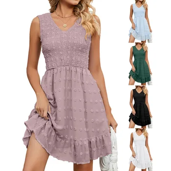 Дамски рокли Лято Нов жакард хлабав v-образно деколте мода без ръкави ежедневни рокли женски