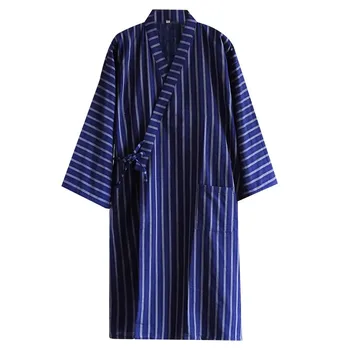 Джентълменска нощна рокля Двойна памучна марля Пижама Тънко кимоно за мъже Раирана роба през пролетта Есен