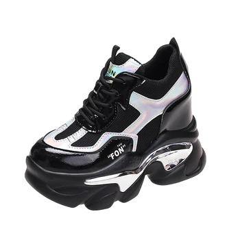 Дизайнерска платформа маратонки дамска мода дебела подметка спортни обувки дами 11CM клинове ежедневни обувки за жена кожа бели обувки
