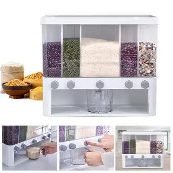 Диспенсър за суха храна за ориз 5-Grid Cereal Clear Storage Box Кухненски контейнер W / 1 Мерителна чаша 10L