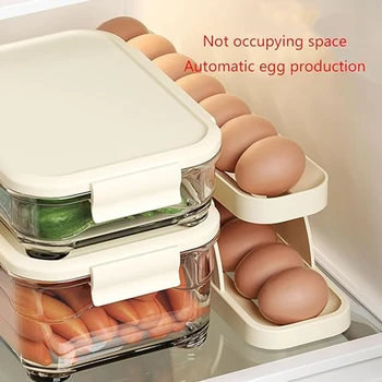  Дозатор за държачи за яйца за хладилник, автоматично подвижен контейнер за съхранение на яйца, спестяваща място тава за яйца за хладилник издръжлив