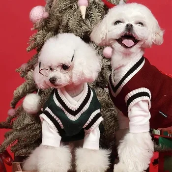 Дрехи за домашни любимци Зимни топли кучешки пуловер Preppy стил v-образно деколте кученце плетени за малки големи кучета котки френски булдог Bichon палто