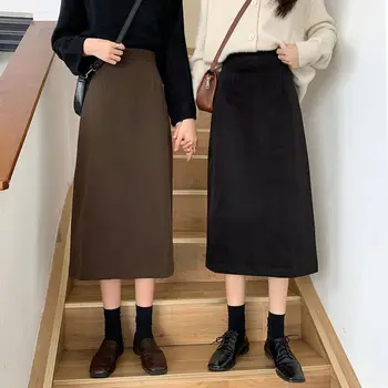 Елегантни дълги поли жени есен модерен чист цвят офис дами корейски стил темперамент висока талия Daily A-line дизайн Faldas