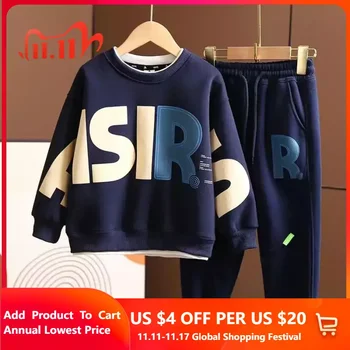 Есенна мода детски дрехи момче комплект тийнейджърка писмо печат пуловер суитчър топ панталони костюм деца анцуг 4-14 година