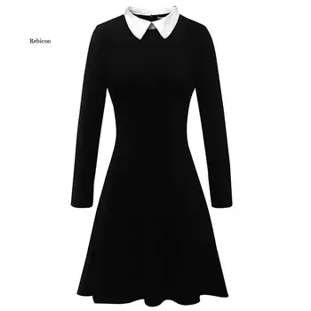 Есенна черна рокля Случайни сладки училищни рокли в стил Елегантен дълъг ръкав Питър Пан яка дами офис работа рокля Vestido