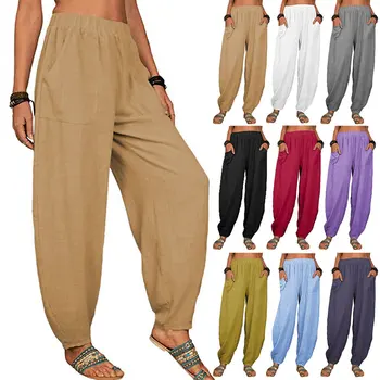 Жените харем панталони лято случайни реколта памук бельо панталони ластик широк крак ретро хлабав джобове женски мама панталони S-5XL