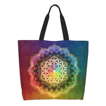 Забавен печат Rainbow цвете на живота с Lotus пазаруване голяма пазарска чанта рециклиране платно рамо купувач свещена геометрия чанта