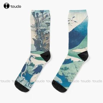 Замъкът на Хоул и японският дървен блок. Чорапи Мъжки памучни чорапи Персонализирани Персонализиран Унисекс Възрастен Тийнейджър Младежки чорапи смешен чорап