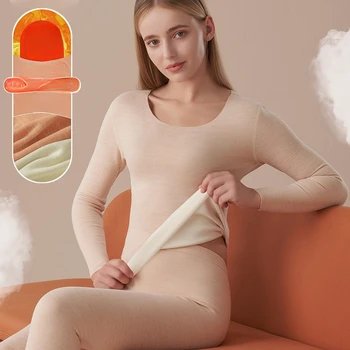 Зимни дамски термобельо комплект средно висока яка руно дълъг ръкав топ панталони гамаши плътно прилепнали 2 парче топъл костюм
