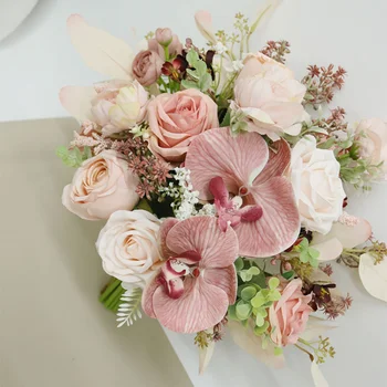 Изкуствени розови цветя и пеперуда орхидея сватбен букет брак декорация за дома парти шаферка аксесоари
