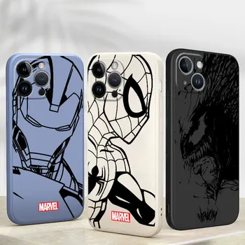 Калъф за телефон за iPhone 13 Mini 11 Pro 14 Plus 13 12 14 15 15 Pro Max Square Liquid Cover Fashion Soft Marvel Ironman Spiderman