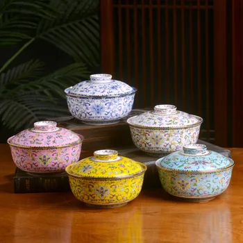 Китайска ретро керамична купа с капак Незабавна юфка супа купа супа купа пот прибори за хранене антични купа за домакинството