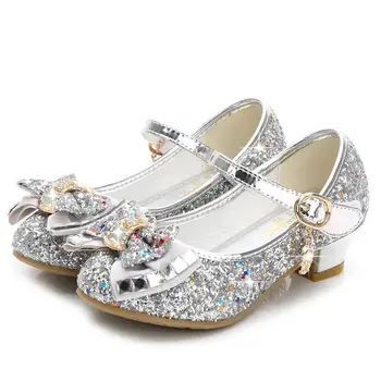 Класически лък момиче Pu кожени обувки за момичета парти танц деца детски обувки 3-14 години принцеса високи токчета детски сватбени обувки