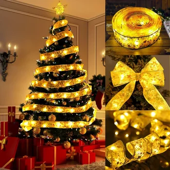 Коледно дърво панделка LED светлини низ коледна украса коледно дърво декорация висящи подарък щамповане двойна панделка