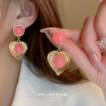 Корейска мода Sliver игла розова смола злато сърце капка обеци за жени ретро елегантни обеци мода шик бижута подарък