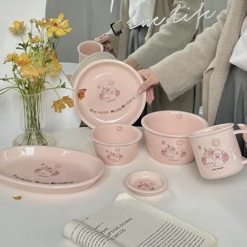 корейски Ins стил торта, заек розов серия прибори за хранене купа плоча комплект мляко бяло творчески висока красота керамични домакински прибори