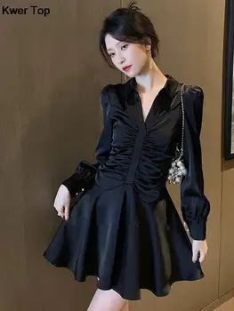 корейски елегантен Y2k сатенена риза мини рокля 2023 есен нова мода дълъг ръкав плисиран рожден ден парти Vestidos женски дрехи