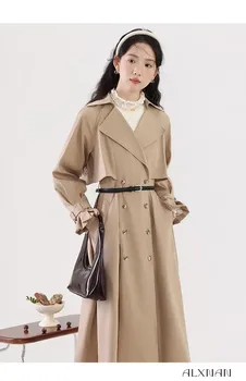 Корейски модни тренччове с колан жени елегантен еднореден каки ветровка случайни дълго палто улично облекло 2023
