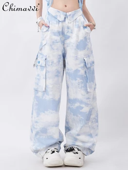 корейски стил камуфлаж карго панталони женски 2023 лято антум Клапа талия вратовръзка-боя хлабав прав ежедневни панталони Улично облекло Жени
