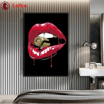 кръг Диамантена живопис Абстрактно изкуство, секси червени устни, куршум Пълен квадрат Кристал на картината Диамантена мозайка Декор