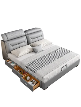 Легло от естествена кожа, модерна и минималистична родителска спалня, леко луксозно двойно легло тип Кинг, многофункционално легло за съхранение