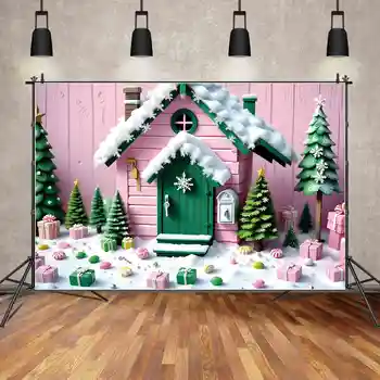 ЛУНА. QG фон Коледа бебе дърво кабина Начало фон деца подаръци снежинка розова хижа парти фотография декорации подпори