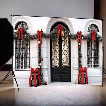 ЛУНА. QG фотография фон Западна Коледа веранда арка черна врата прозорец фон червено Bowknot венец златни топки декорация