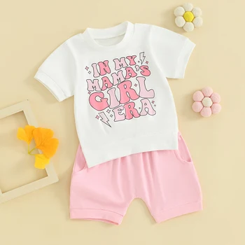 Малко дете бебе момичета летни екипировки флорални писмо отпечатани суитчър тениска Топ къс комплект 2бр бебешки дрехи комплект