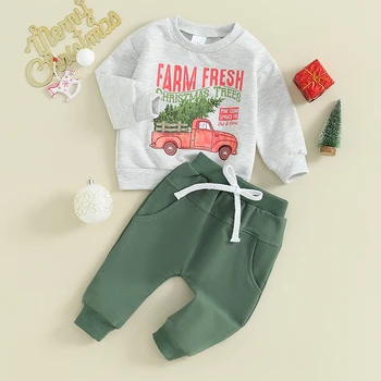 Малко дете бебе момче момиче коледно облекло коледно дърво печат суитчър дълги панталони 2бр есен зимни дрехи
