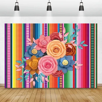 Мексикански парти декорации фон Fiesta снимка Cinco De Mayo карнавал цветни знамена раирани флорални маса стая декор 8x6ft