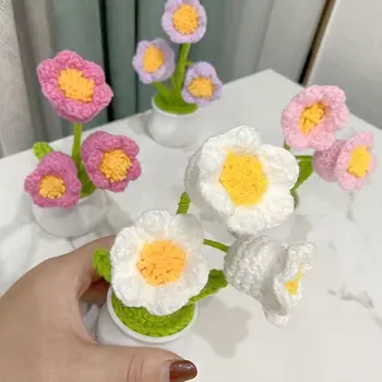 Мини сладък стил DIY ръчно тъкани симулация саксия цвете засаждане конец плетене на една кука трикотажни завършени дома и градината декоративни орнаменти