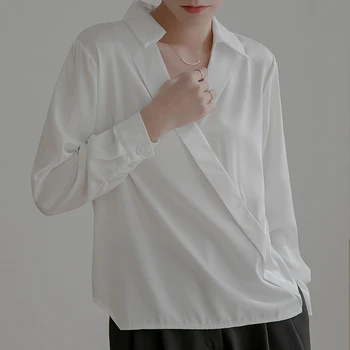 Мода хлабав дамски дрехи елегантен офис дама v-образно деколте плътен цвят върховете есен дълъг ръкав риза бял сатен блуза Blusas 28377