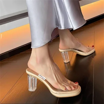 Модни фея вятър кристал квадратни сандали дамски летни прозрачни нехлъзгащи високи токчета водоустойчива платформа буци чехли