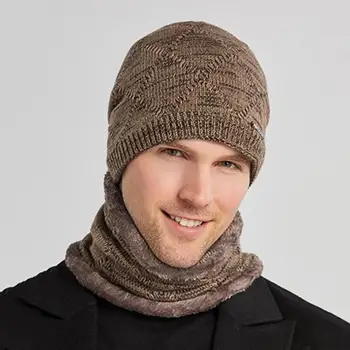 Мъжки комплект шал за външна шапка Уютна зимна шапка Комплект плетени меки плюшени противоплъзгащи дебели устойчиви еластични цикли за открито