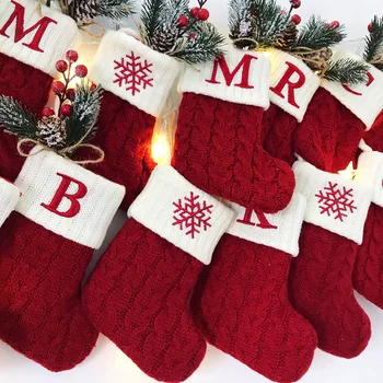 Нова година Коледни чорапи Червена снежинка азбука букви Коледно плетене Чорапогащник Коледно дърво украса за дома Коледа подарък