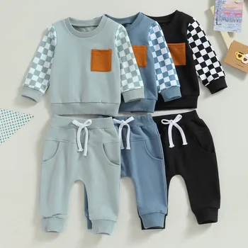 Новородено малко дете бебе момче панталон комплекти есенни дрехи шахматна дъска дълъг ръкав суитчър и ластик панталон бебе елементи облекло
