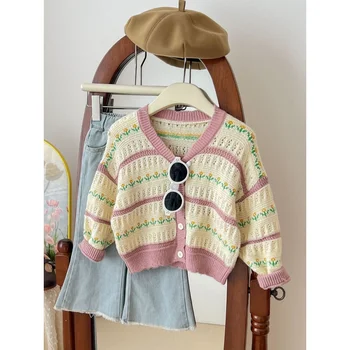 Палто за момичета Есен Нов западен стил Детски пролетен и есенен пуловер Жилетка Пуловер на малко момиче Топ мода