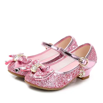 Принцеса Детски кожени обувки за момичета Цвете Ежедневни блясък Деца на висок ток Момичета обувки Пеперуда възел синьо розово сребро