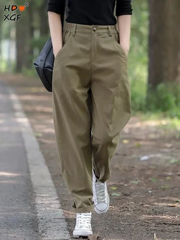 Пролет есен плътен цвят плюс размер Хален панталони реколта ластик висока талия бутон торбести панталони улично облекло жени ежедневни панталони