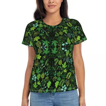 растителна щампа тениска жена зелени листа Y2K смешно O врата T ризи къси ръкави случайни тениска лято печатни върхове голям размер