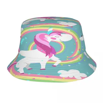 Рибарска шапка Унисекс мода Боб Кап Еднорог с цветен кръг на дъгата Хип-хоп Горрос Панама Ветроупорен открит кофа шапка
