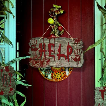 Симулация Дървена врата знак обитаван от духове къща ужасяваща декорация с кръвен пръстов отпечатък висящи Хелоуин декорации за дома